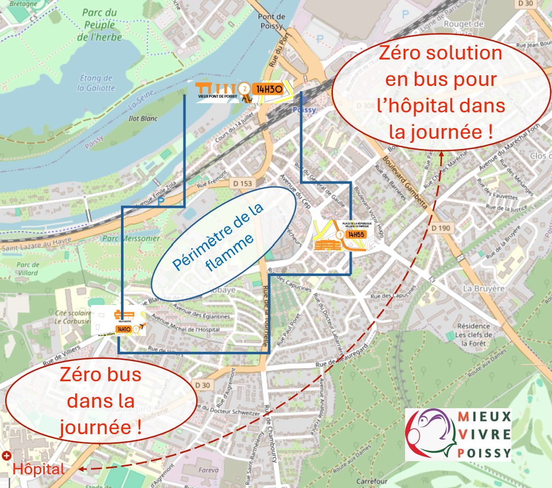 plan de Poissy avec la zone sans bus