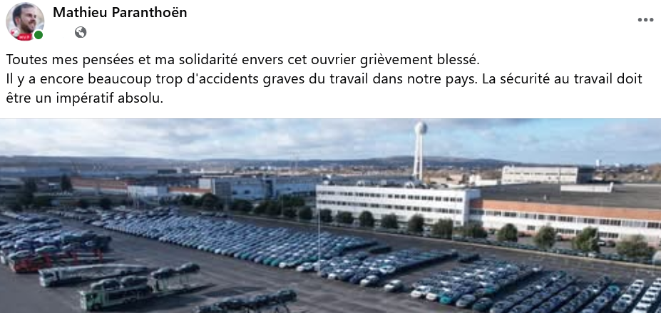 Toutes mes pensées et ma solidarité envers cet ouvrier grièvement blessé.

Il y a encore beaucoup trop d'accidents graves du travail dans notre pays. La sécurité au travail doit être un impératif absolu.